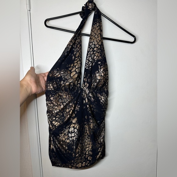 Magicsuit Black Gold Metallic Halter Bikini Tie Neck Swim Top Size 10 - Picture 3 of 13